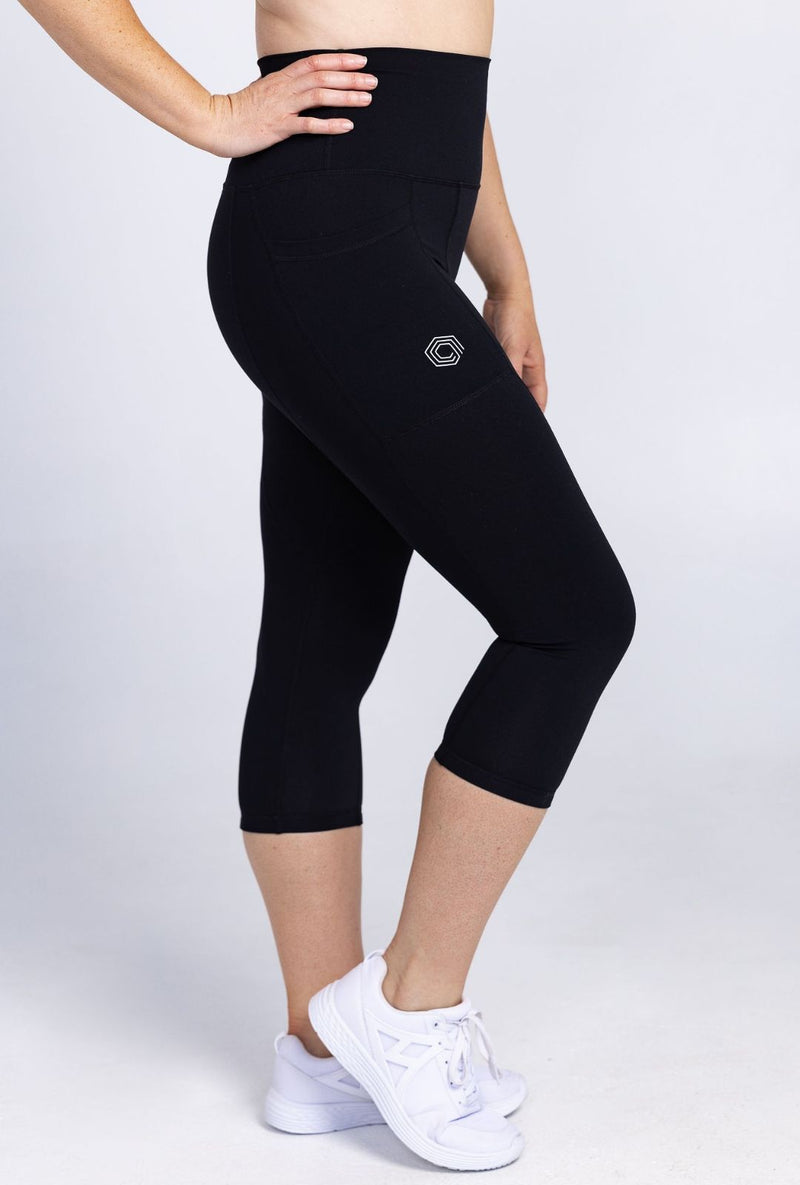 Sweat Resistant Activewear, high waisted black 3/4 length tights, high waisted 3/4 length leggings, Idea Athletic Australia