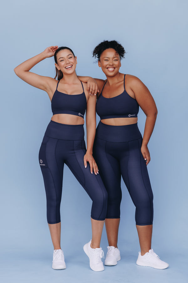 Sweat Proof Activewear, high waisted statement navy 3/4 length tights, high waisted 3/4 length tights, Idea Athletic Australia