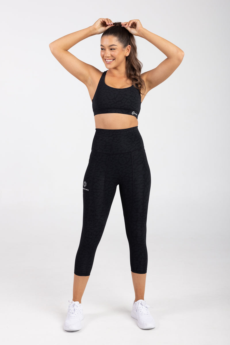 Sweat Proof Activewear, high waisted black leopard 3/4 length tights, high waisted 3/4 length leggings, Idea Athletic Australia