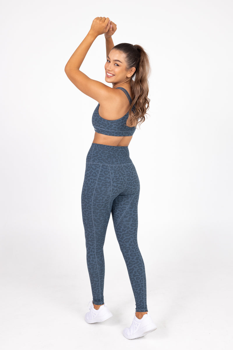 Sweat Proof Activewear, high waisted blue leopard full length tights, high waisted full length leggings, Idea Athletic Australia
