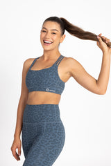 sweat proof activewear - sweat proof sport bra - blue leopard sport bra - blue leopard sweat proof sport bra