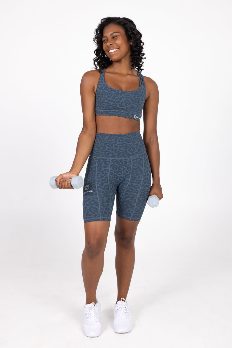 Sweat Proof Activewear - blue leopard print high waisted sweat proof bike shorts  -  Idea Athletic 