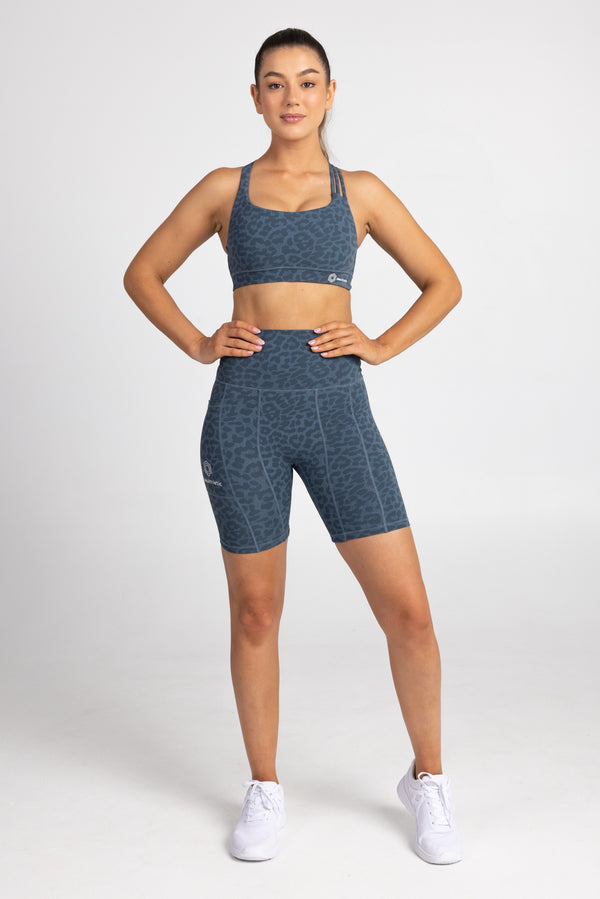 blue leopard print high waisted bike shorts-sweat proof activewear-idea athletic australia