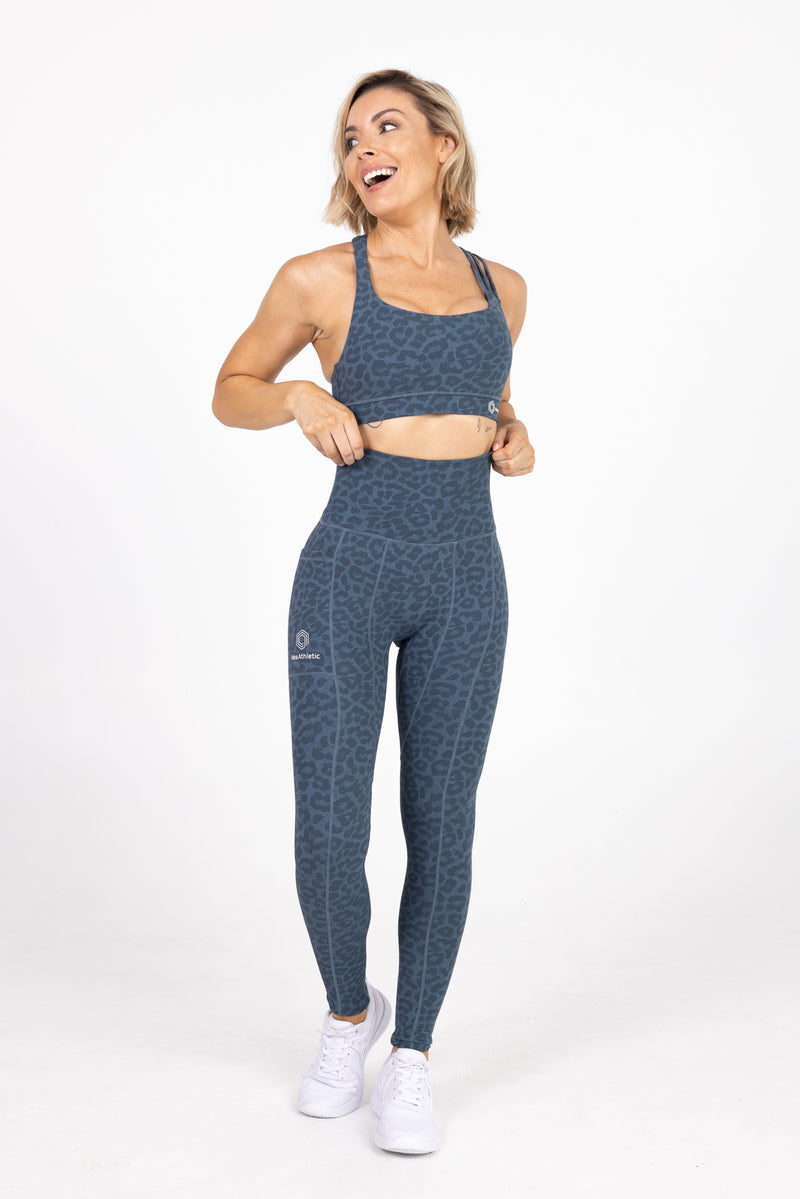 Sweat Proof Activewear, high waisted blue leopard full length tights, high waisted full length leggings, Idea Athletic Australia